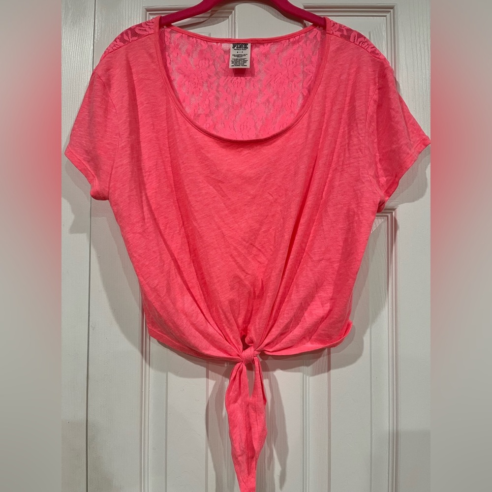 Pink By Victoria’s Secret Lace Back Front Tie Cropped Top Shirt, Pink, (S)